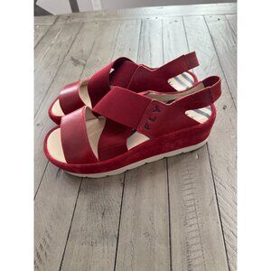 Fly London Bime Slingback Platform Wedge Sandals Red Leather Suede Size 38 8